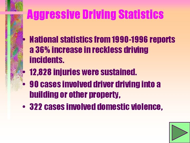 Aggressive Driving Statistics • National statistics from 1990 -1996 reports a 36% increase in