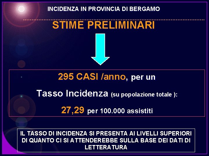 INCIDENZA IN PROVINCIA DI BERGAMO STIME PRELIMINARI 295 CASI /anno, per un Tasso Incidenza