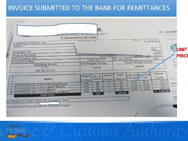 INVOICE SUBMITTED TO THE BANK FOR REMITTANCES UNIT PRICE 