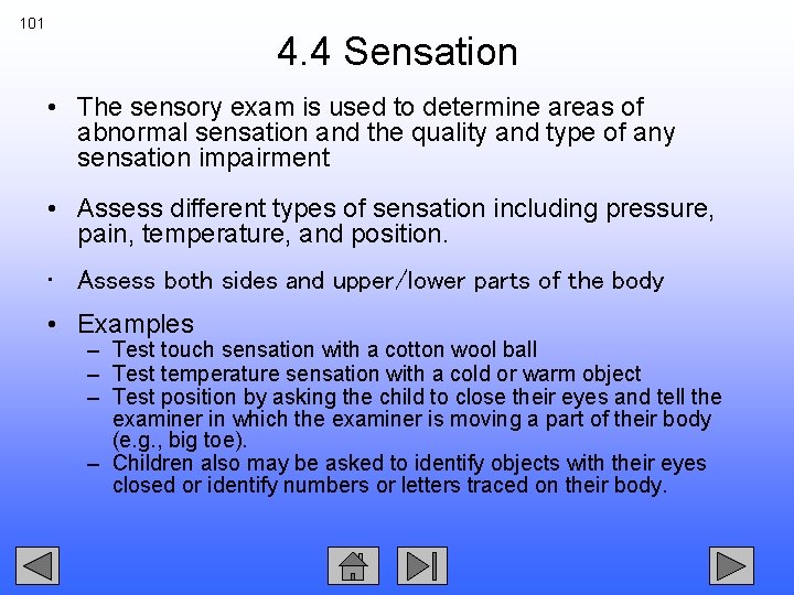 101 4. 4 Sensation • The sensory exam is used to determine areas of