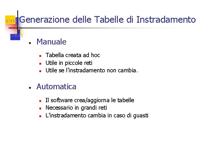 10110 Generazione delle Tabelle di Instradamento 01100 01011 • Manuale n n n •