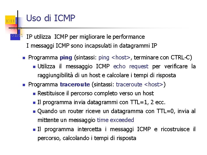 Uso di ICMP 101100 01011 IP utilizza ICMP per migliorare le performance I messaggi