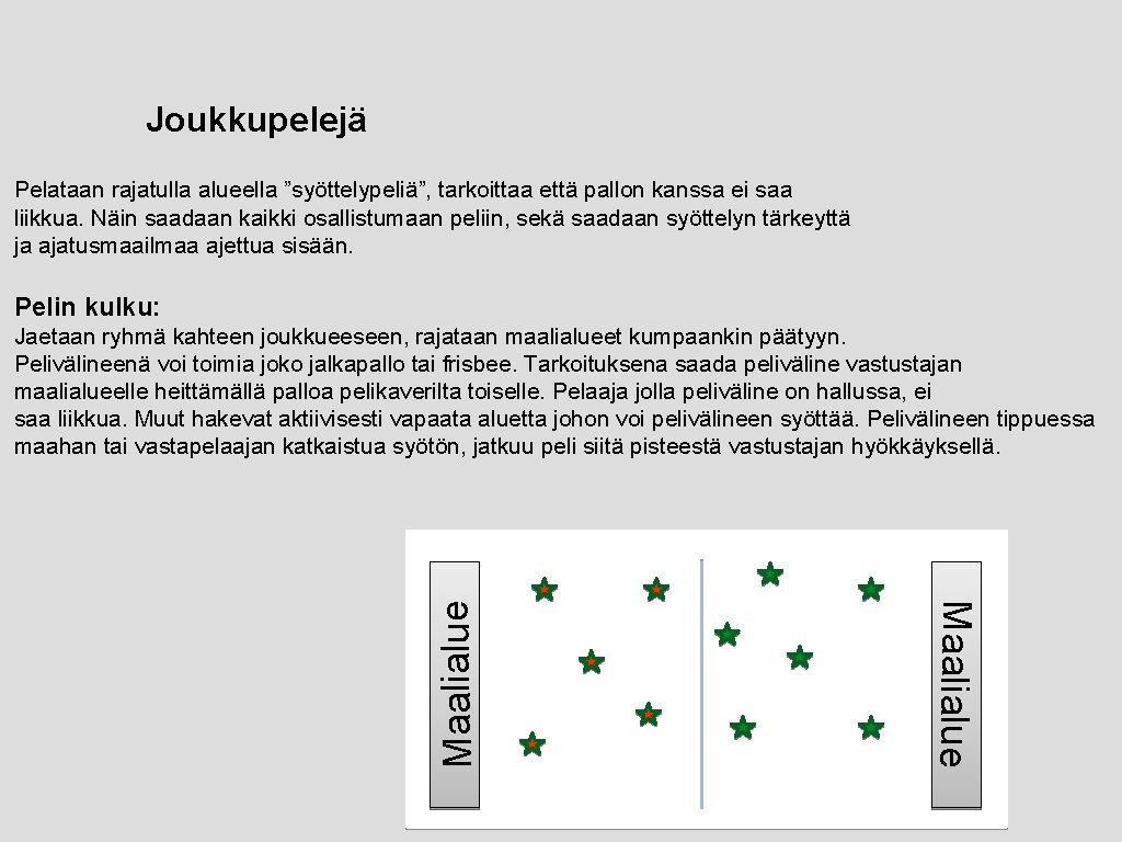 Joukkupelejä Pelataan rajatulla alueella ”syöttelypeliä”, tarkoittaa että pallon kanssa ei saa liikkua. Näin saadaan