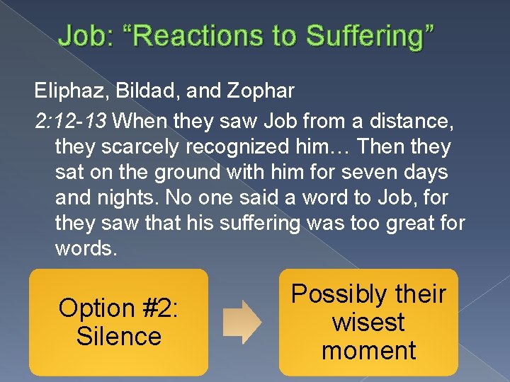 Job: “Reactions to Suffering” Eliphaz, Bildad, and Zophar 2: 12 -13 When they saw