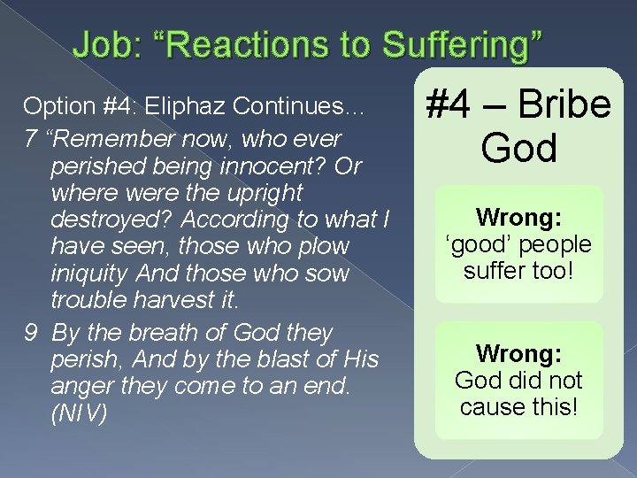 Job: “Reactions to Suffering” Option #4: Eliphaz Continues… 7 “Remember now, who ever perished