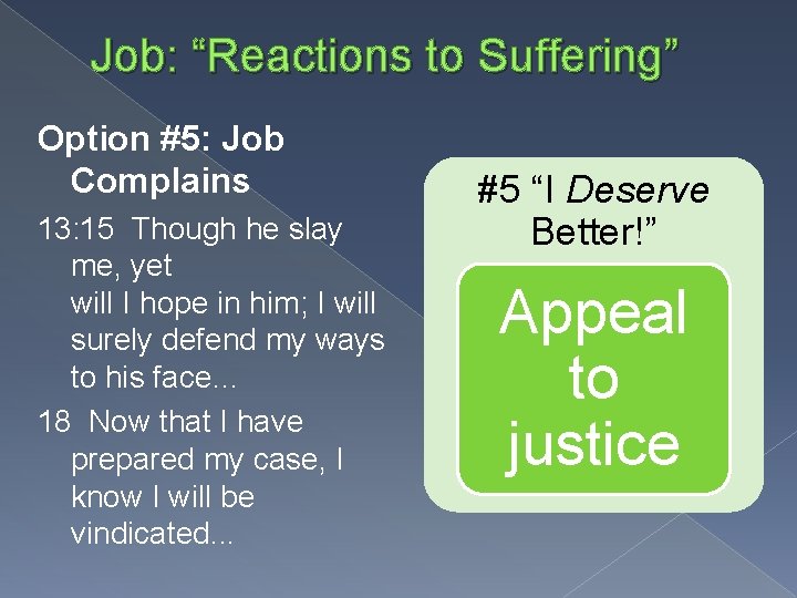 Job: “Reactions to Suffering” Option #5: Job Complains 13: 15 Though he slay me,