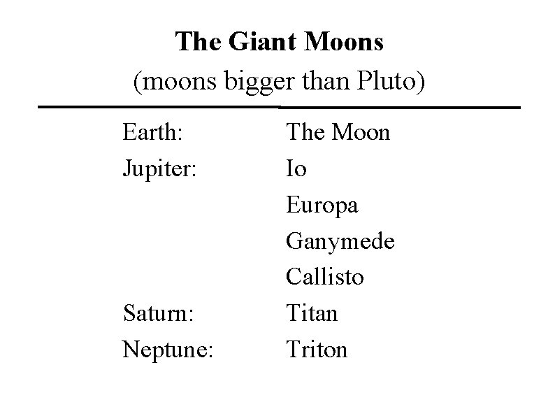 The Giant Moons (moons bigger than Pluto) Earth: Jupiter: Saturn: Neptune: The Moon Io