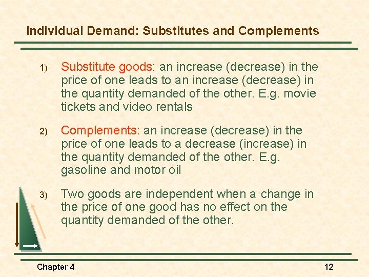 Individual Demand: Substitutes and Complements 1) Substitute goods: an increase (decrease) in the price