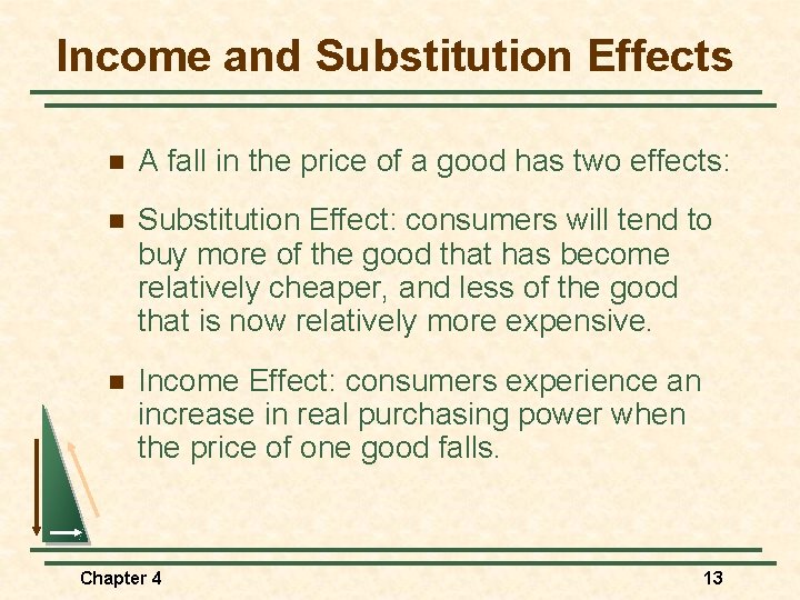 Income and Substitution Effects n A fall in the price of a good has