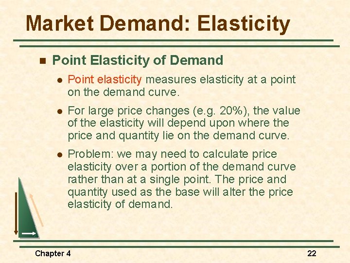 Market Demand: Elasticity n Point Elasticity of Demand l Point elasticity measures elasticity at