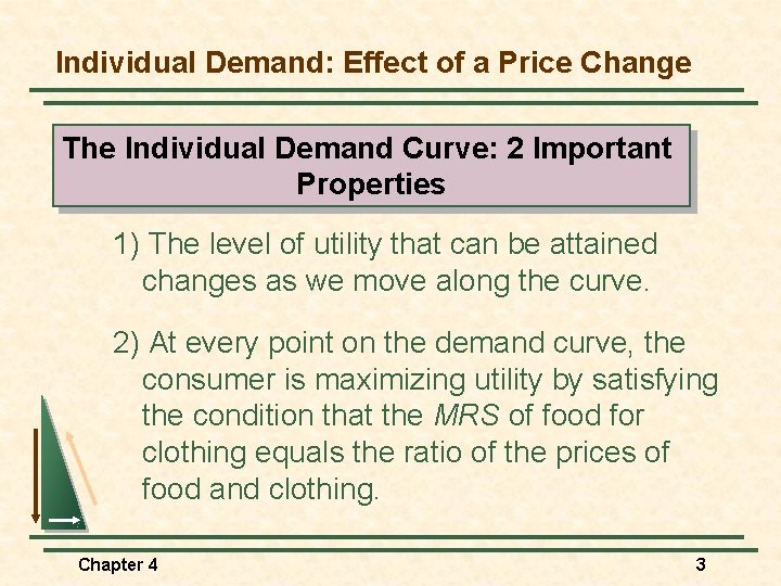 Individual Demand: Effect of a Price Change The Individual Demand Curve: 2 Important Properties