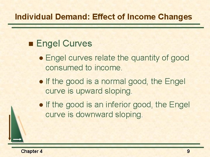 Individual Demand: Effect of Income Changes n Engel Curves l Engel curves relate the
