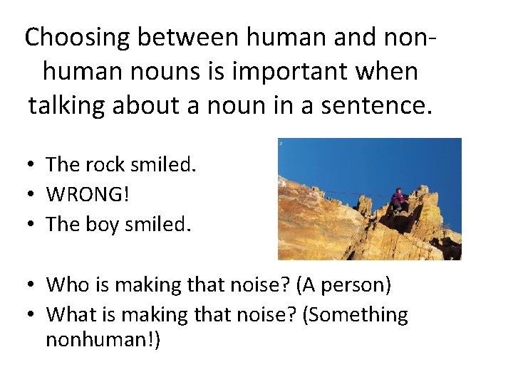 Choosing between human and nonhuman nouns is important when talking about a noun in