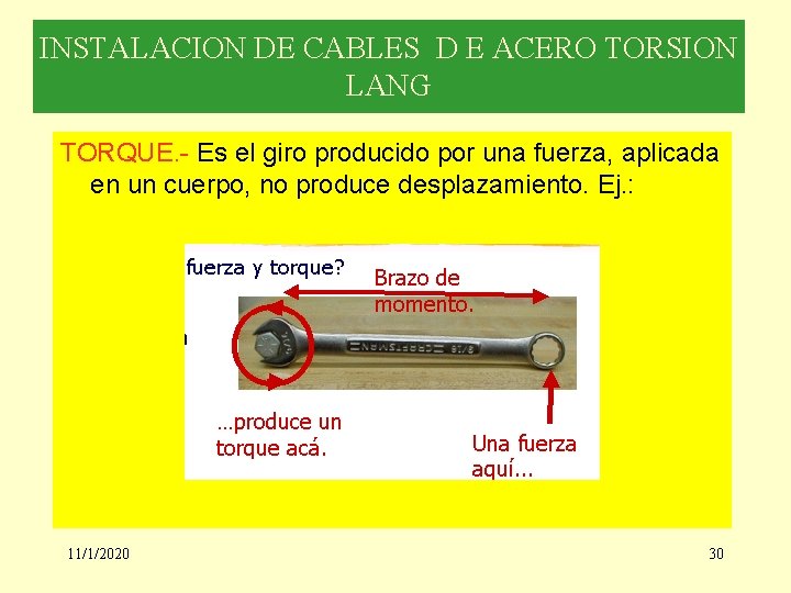 INSTALACION DE CABLES D E ACERO TORSION LANG TORQUE. - Es el giro producido