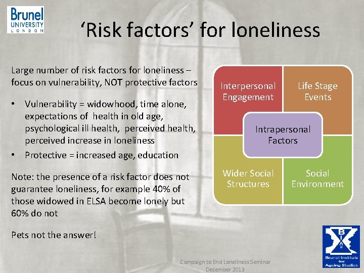‘Risk factors’ for loneliness Large number of risk factors for loneliness – focus ‘Risk factors’ for loneliness Large number of risk factors for loneliness – focus