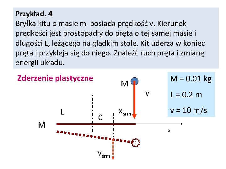 Przykład. 4 Bryłka kitu o masie m posiada prędkość v. Kierunek prędkości jest prostopadły