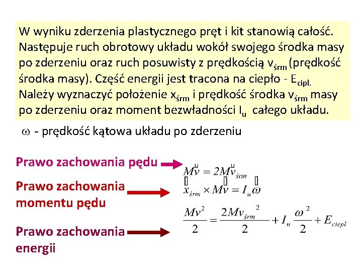 W wyniku zderzenia plastycznego pręt i kit stanowią całość. Następuje ruch obrotowy układu wokół