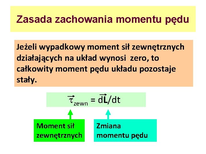 Zasada zachowania momentu pędu Jeżeli wypadkowy moment sił zewnętrznych działających na układ wynosi zero,