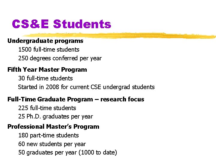 CS&E Students Undergraduate programs 1500 full-time students 250 degrees conferred per year Fifth Year