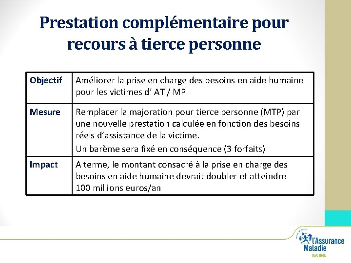 Prestation complémentaire pour recours à tierce personne Objectif Améliorer la prise en charge des