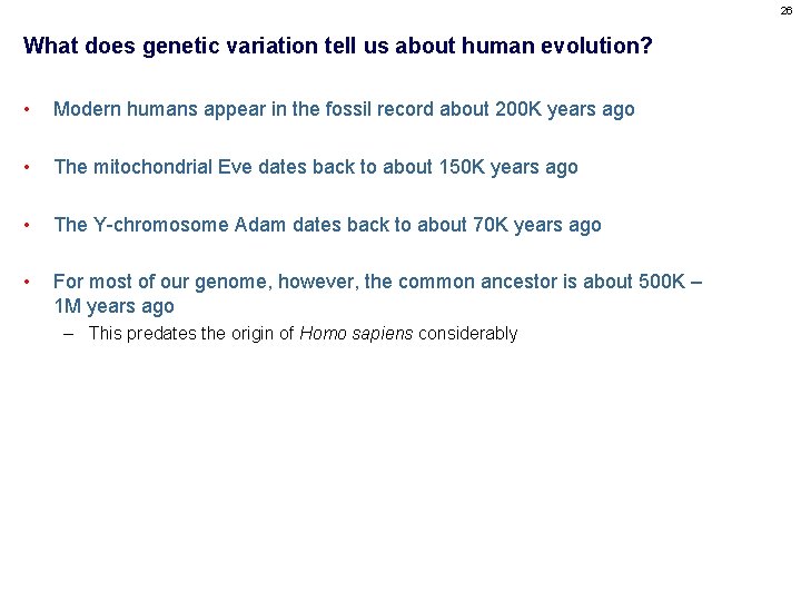 26 What does genetic variation tell us about human evolution? • Modern humans appear