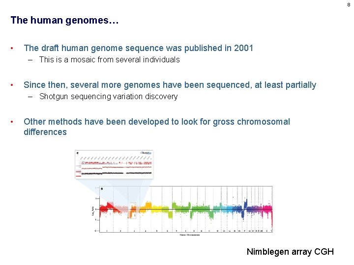 8 The human genomes… • The draft human genome sequence was published in 2001