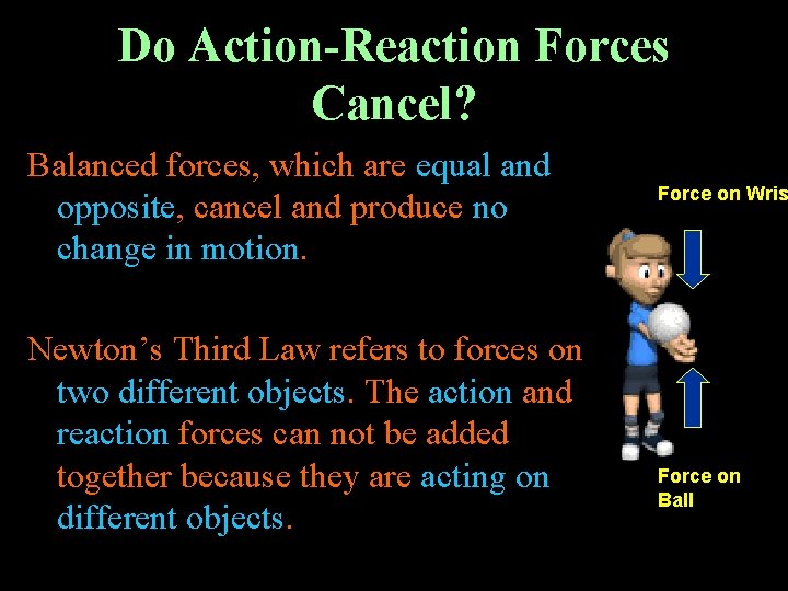 Do Action-Reaction Forces Cancel? Balanced forces, which are equal and opposite, cancel and produce