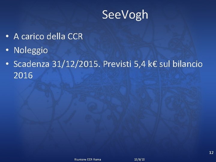 See. Vogh • A carico della CCR • Noleggio • Scadenza 31/12/2015. Previsti 5,