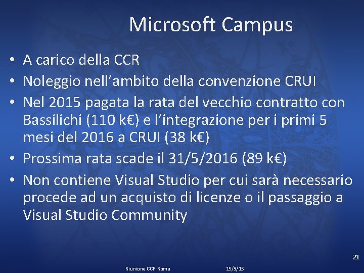 Microsoft Campus • A carico della CCR • Noleggio nell’ambito della convenzione CRUI •