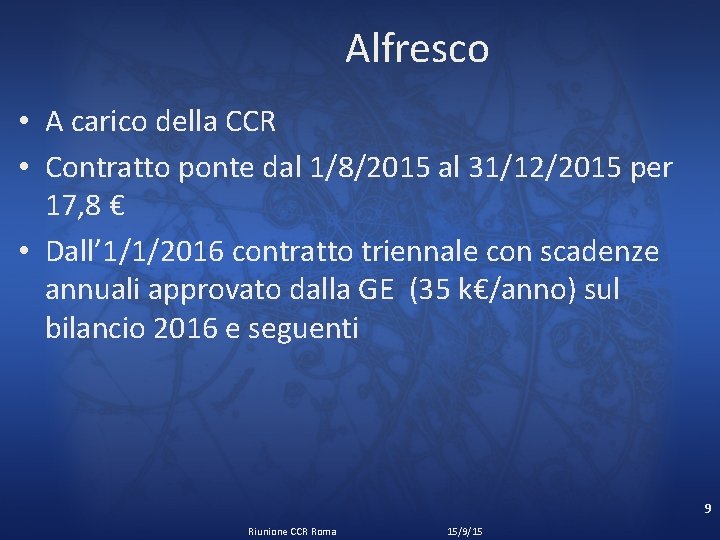 Alfresco • A carico della CCR • Contratto ponte dal 1/8/2015 al 31/12/2015 per