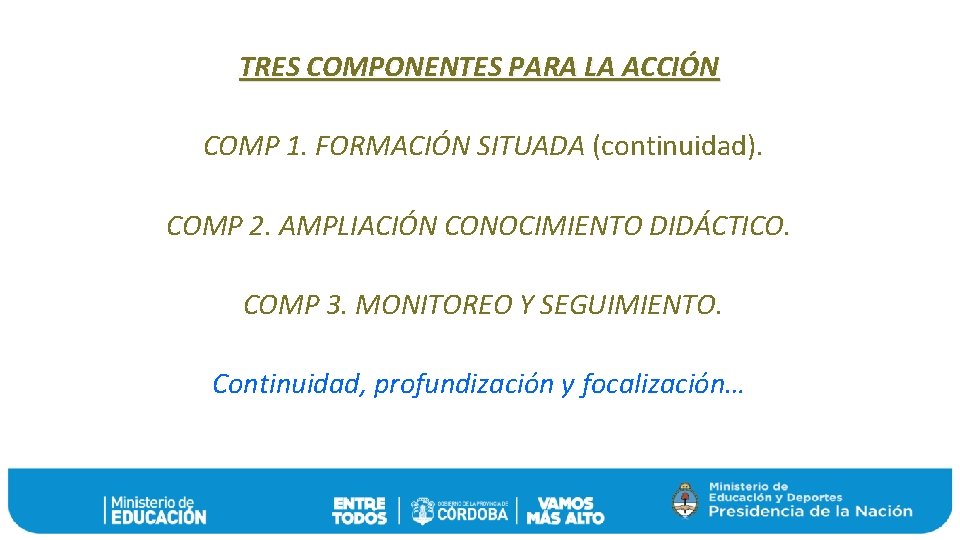 TRES COMPONENTES PARA LA ACCIÓN COMP 1. FORMACIÓN SITUADA (continuidad). COMP 2. AMPLIACIÓN CONOCIMIENTO