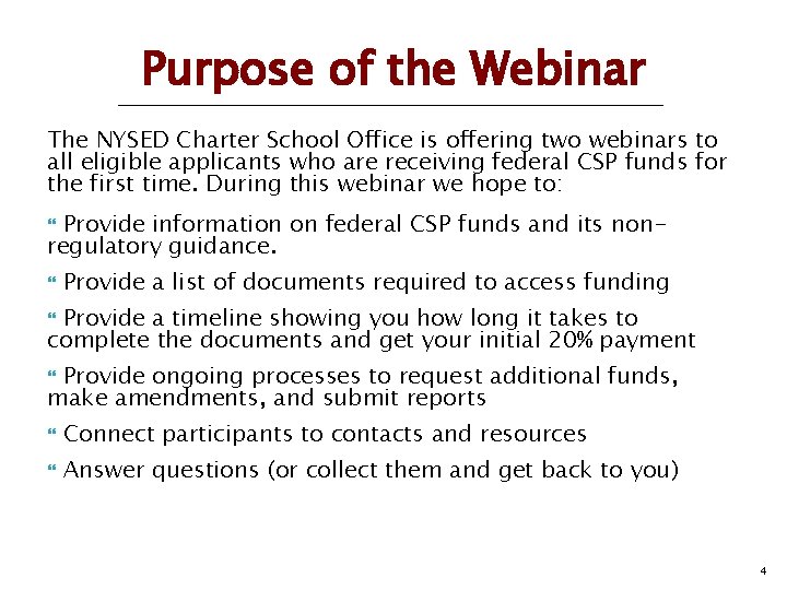 Purpose of the Webinar The NYSED Charter School Office is offering two webinars to