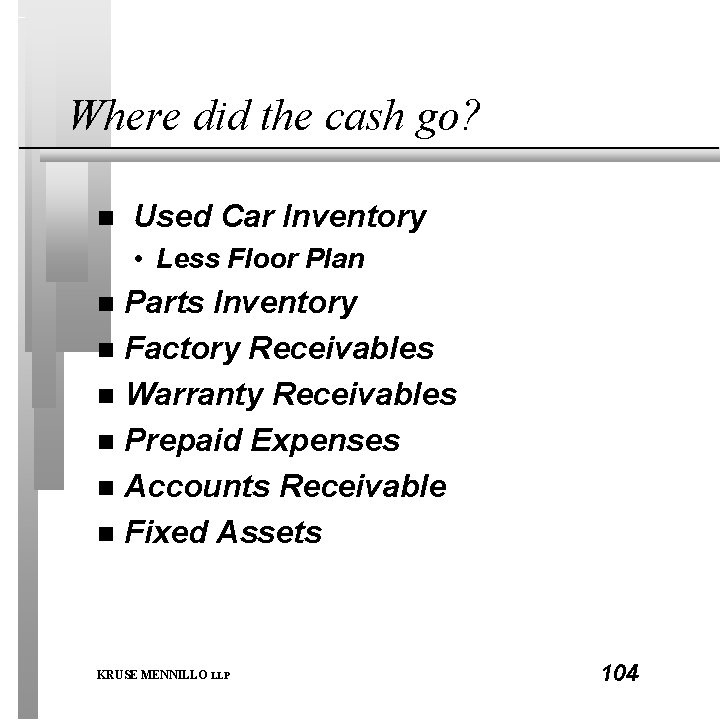 Where did the cash go? n Used Car Inventory • Less Floor Plan Parts