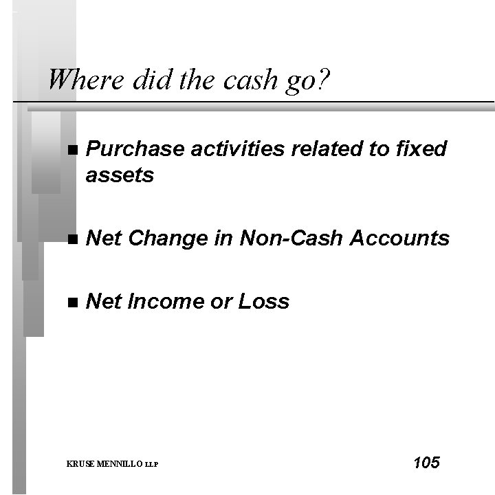 Where did the cash go? n Purchase activities related to fixed assets n Net