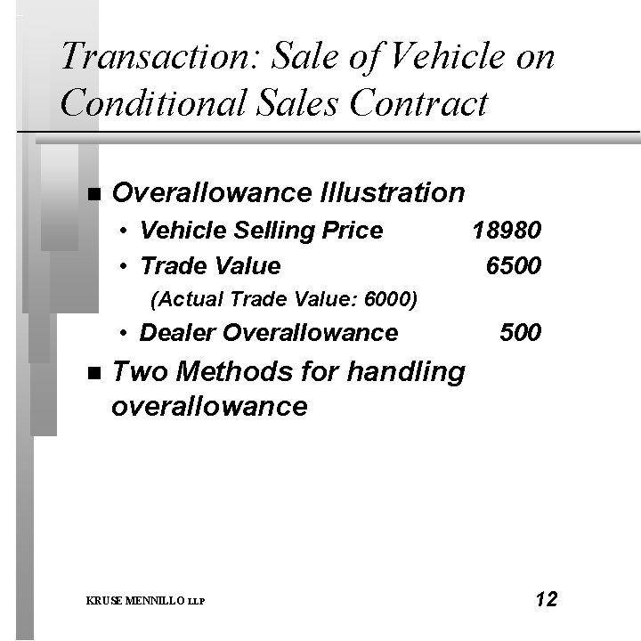 Transaction: Sale of Vehicle on Conditional Sales Contract n Overallowance Illustration • Vehicle Selling