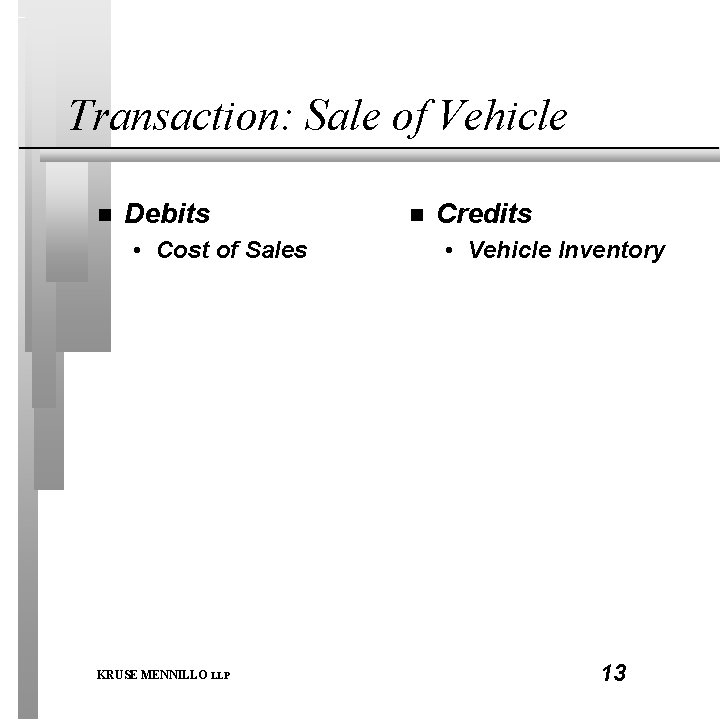 Transaction: Sale of Vehicle n Debits • Cost of Sales KRUSE MENNILLO LLP n