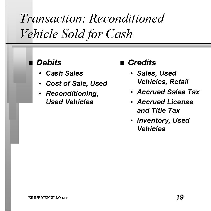 Transaction: Reconditioned Vehicle Sold for Cash n Debits • Cash Sales • Cost of