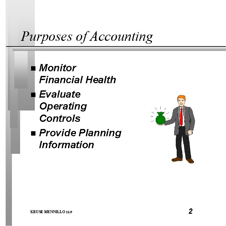 Purposes of Accounting Monitor Financial Health n Evaluate Operating Controls n Provide Planning Information