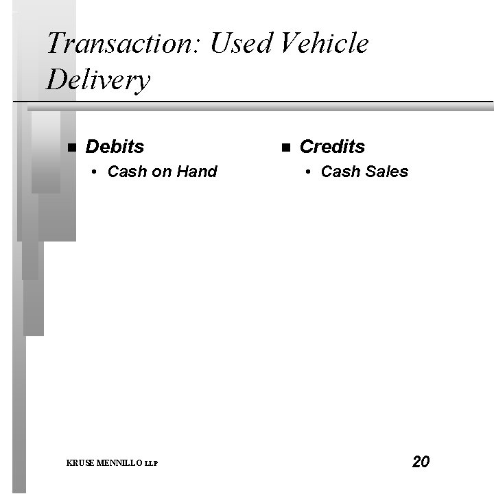 Transaction: Used Vehicle Delivery n Debits • Cash on Hand KRUSE MENNILLO LLP n