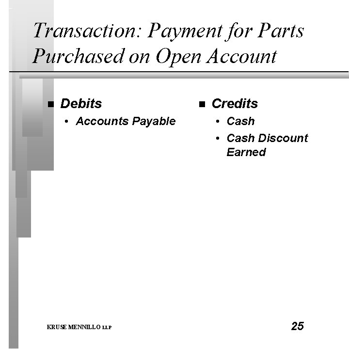 Transaction: Payment for Parts Purchased on Open Account n Debits • Accounts Payable KRUSE
