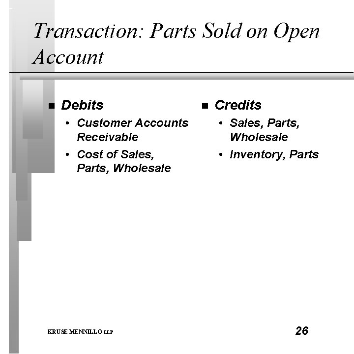 Transaction: Parts Sold on Open Account n Debits • Customer Accounts Receivable • Cost