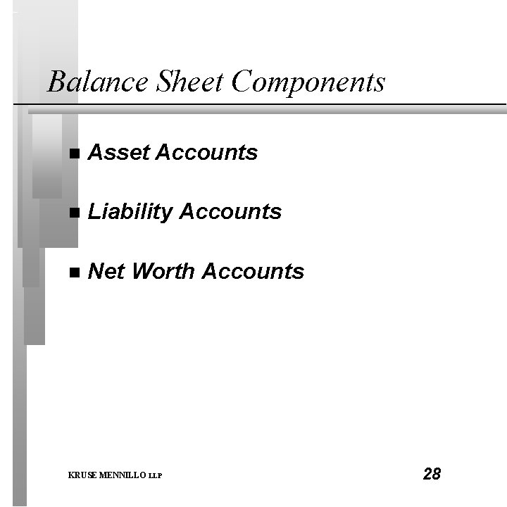 Balance Sheet Components n Asset Accounts n Liability Accounts n Net Worth Accounts KRUSE