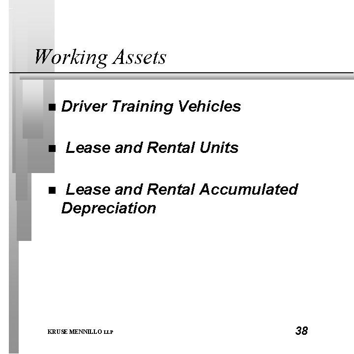 Working Assets n Driver Training Vehicles n Lease and Rental Units n Lease and