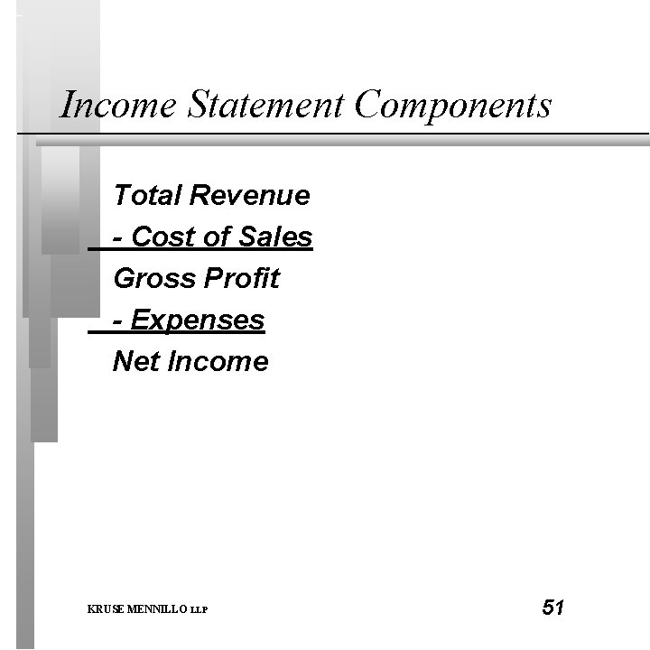 Income Statement Components Total Revenue - Cost of Sales Gross Profit - Expenses Net