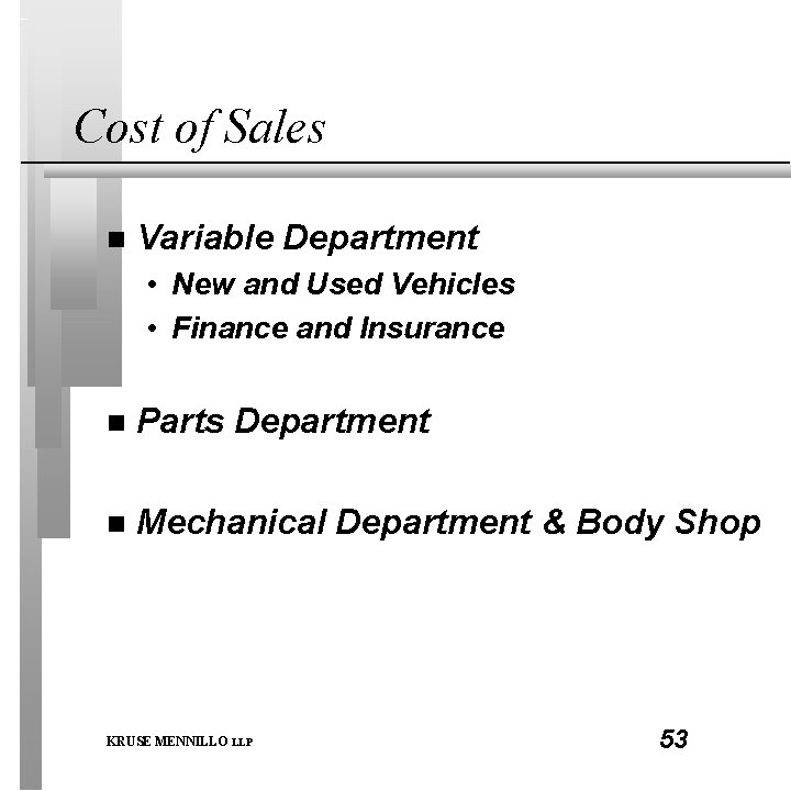 Cost of Sales n Variable Department • New and Used Vehicles • Finance and