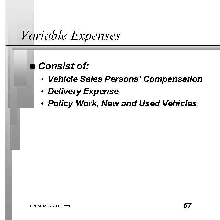 Variable Expenses n Consist of: • Vehicle Sales Persons’ Compensation • Delivery Expense •