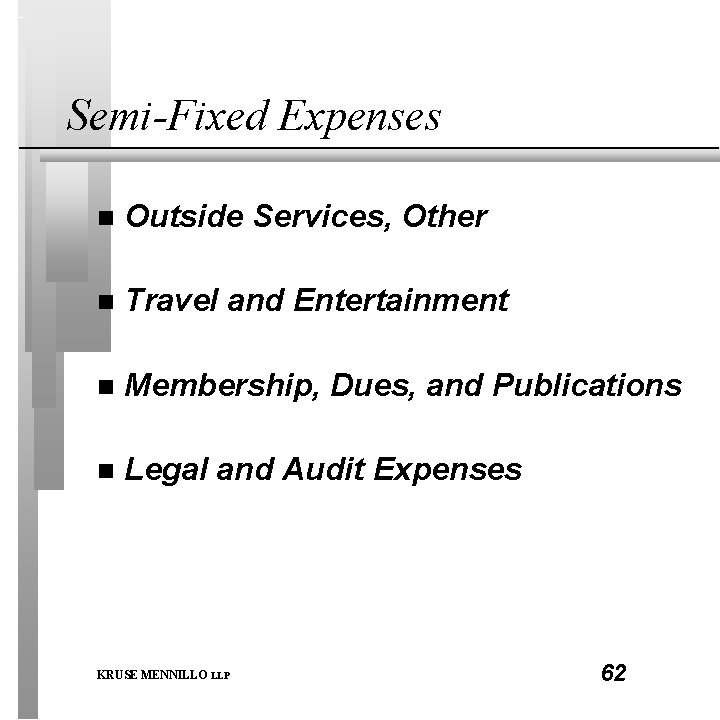 Semi-Fixed Expenses n Outside Services, Other n Travel and Entertainment n Membership, Dues, and