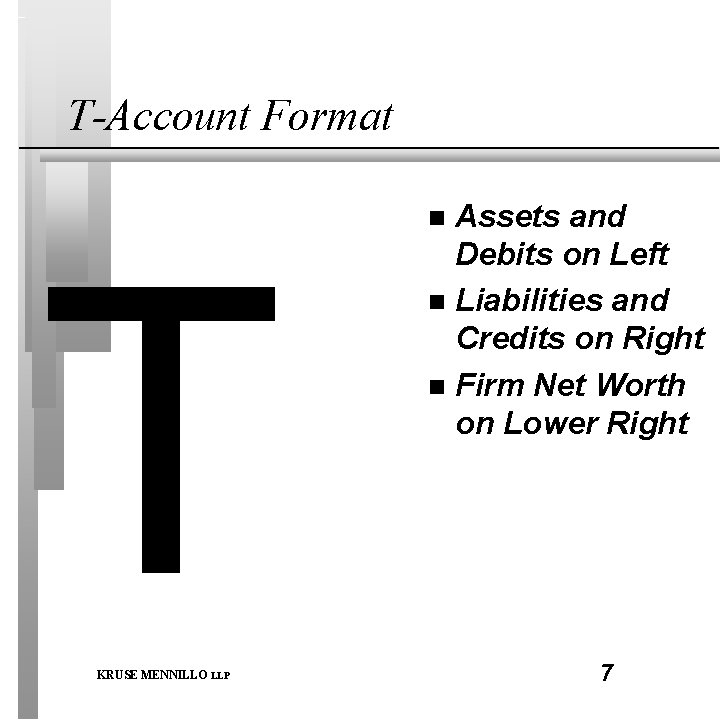 T-Account Format Assets and Debits on Left n Liabilities and Credits on Right n