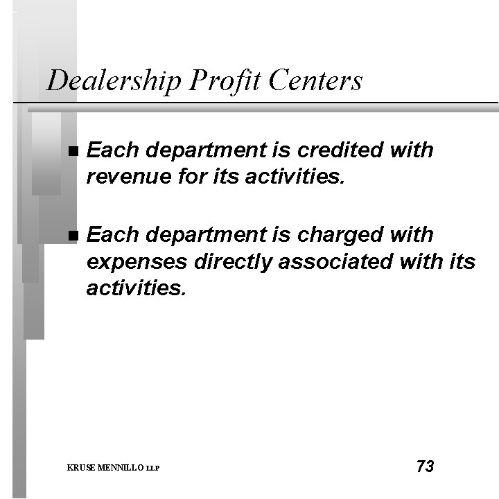 Dealership Profit Centers n Each department is credited with revenue for its activities. n