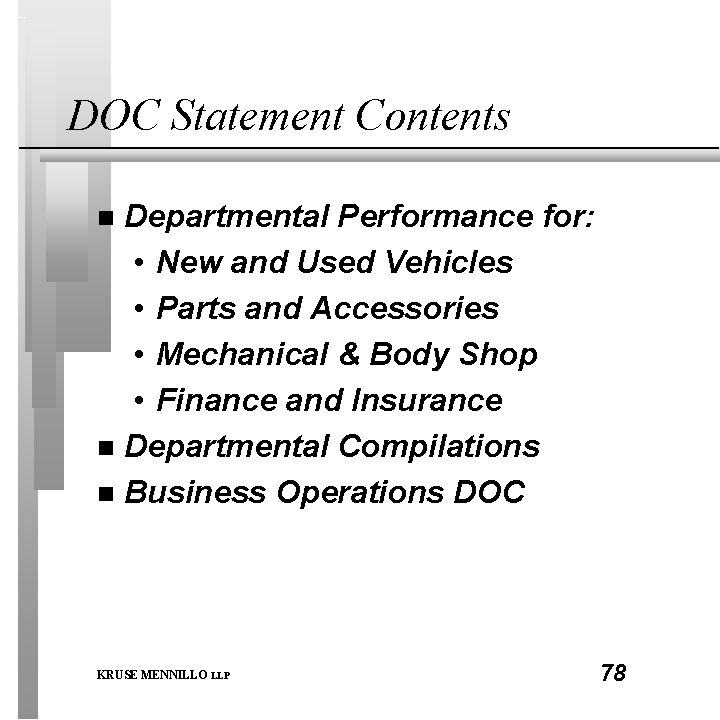 DOC Statement Contents Departmental Performance for: • New and Used Vehicles • Parts and